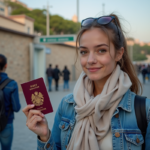 Jeune femme avec passeport devant Gibraltar