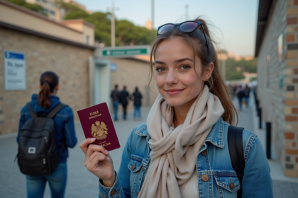 Jeune femme avec passeport devant Gibraltar