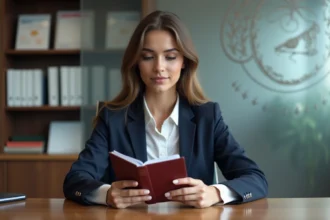 Jeune femme en blazer navy consulte son visa dans un bureau moderne