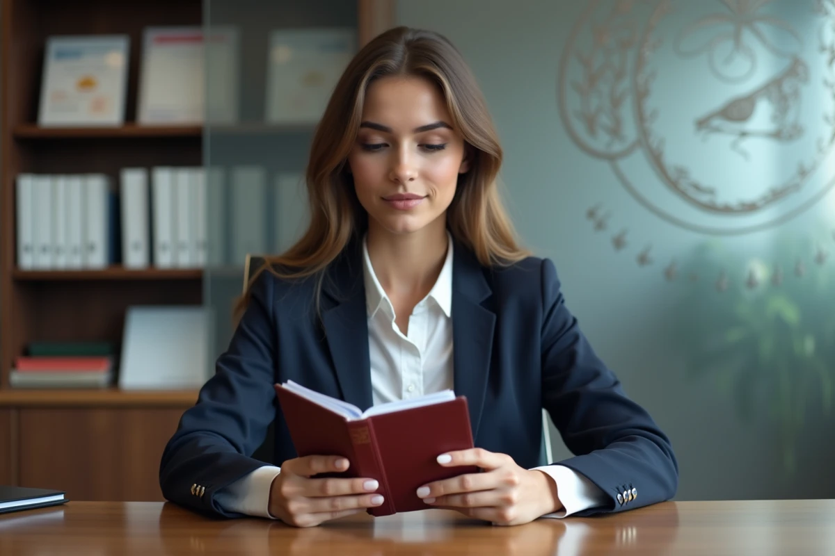Jeune femme en blazer navy consulte son visa dans un bureau moderne
