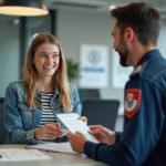 Jeune femme souriante remettant un permis international à un agent