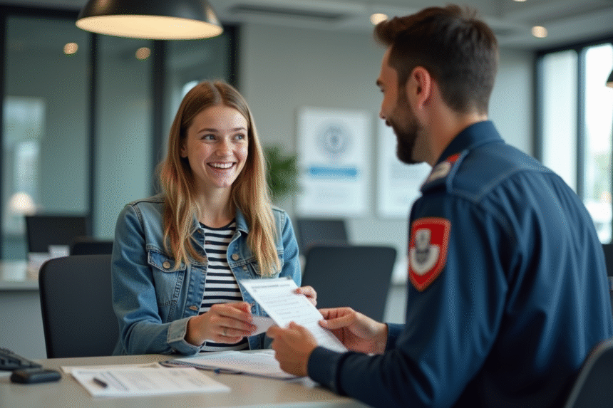 Jeune femme souriante remettant un permis international à un agent