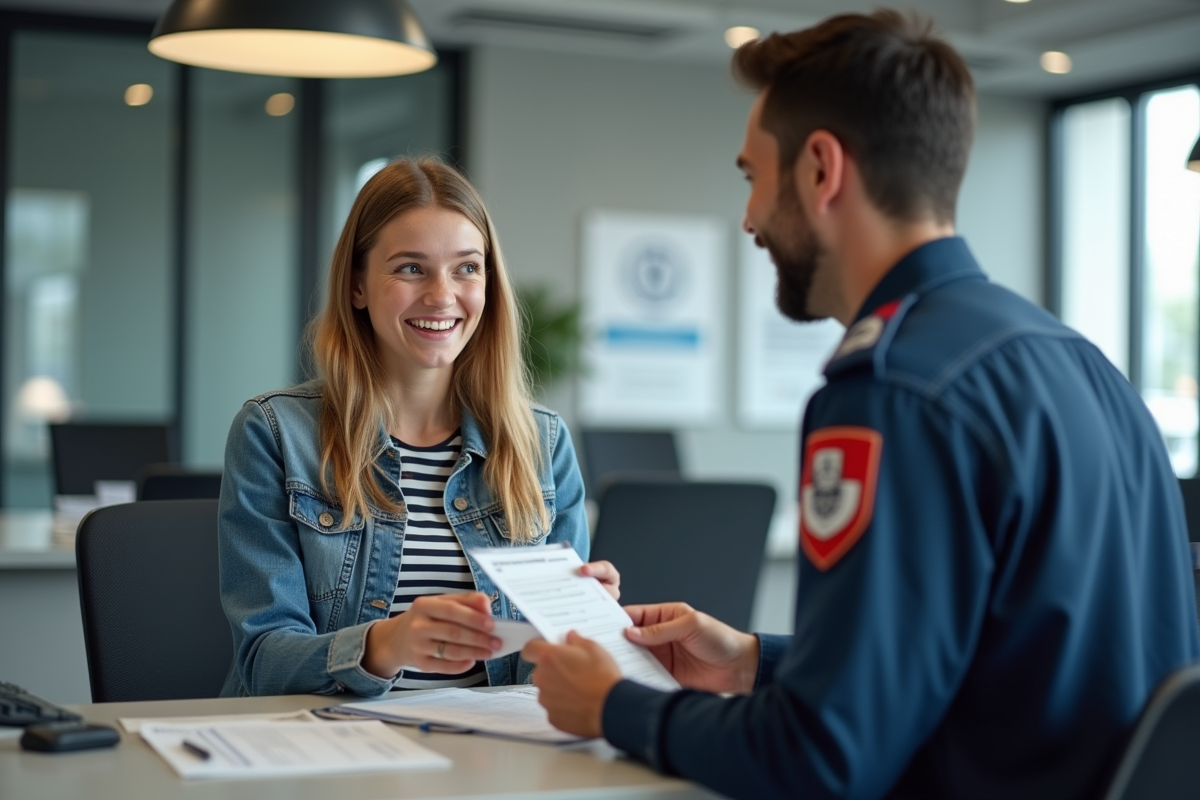 Jeune femme souriante remettant un permis international à un agent
