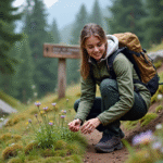 Jeune femme en randonnée observant des fleurs sauvages en forêt