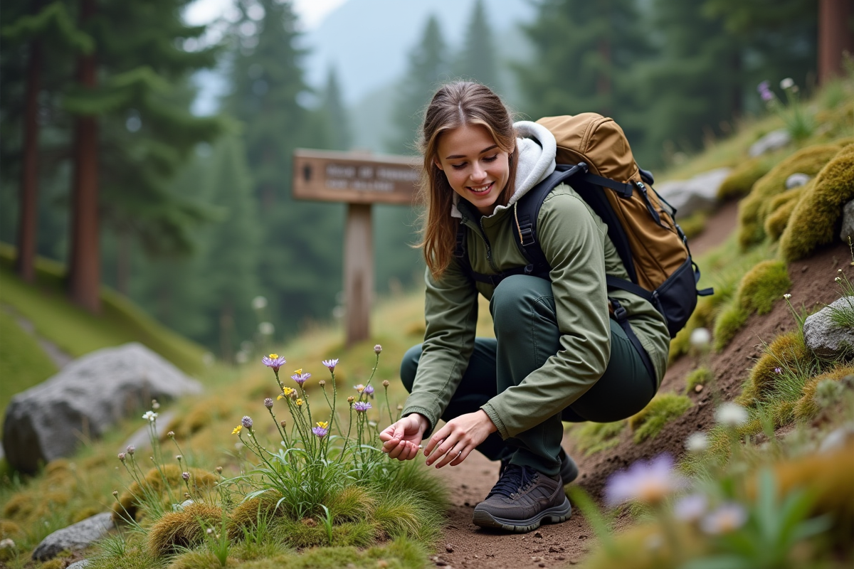 Jeune femme en randonnée observant des fleurs sauvages en forêt
