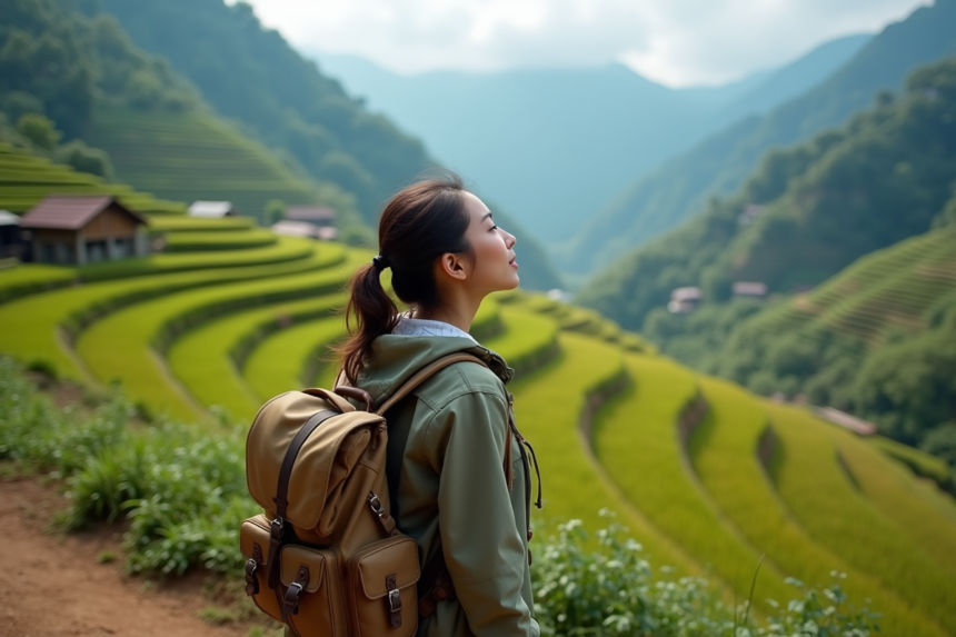 Jeune femme avec sac à dos admire rizières en terrasses