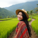 Jeune femme souriante dans un champ de riz verdoyant