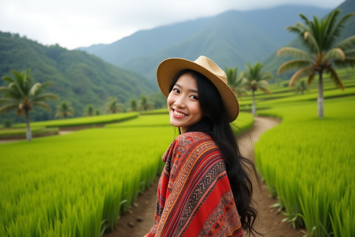 Jeune femme souriante dans un champ de riz verdoyant
