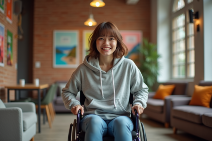 Jeune femme souriante en fauteuil dans un hostel moderne
