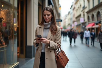 Jeune femme élégante dans la ville de luxe avec smartphone