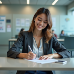 Jeune femme en blazer remplissant un formulaire dans un bureau de visa