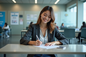 Jeune femme en blazer remplissant un formulaire dans un bureau de visa