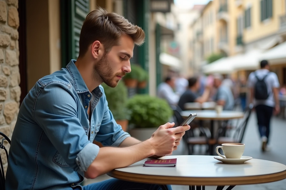 Jeune homme vérifiant son passeport dans un café urbain