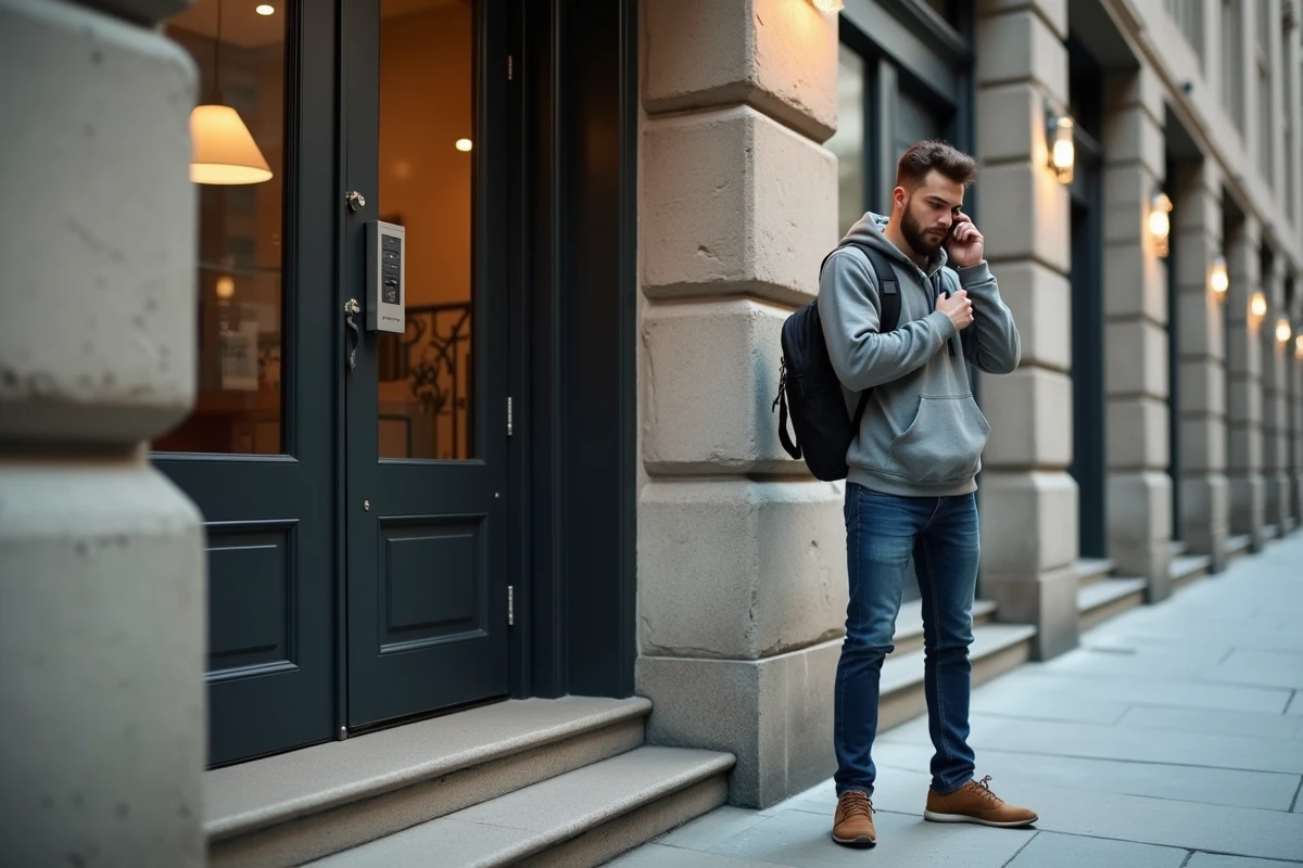 Jeune homme devant une entrée d Airbnb en ville