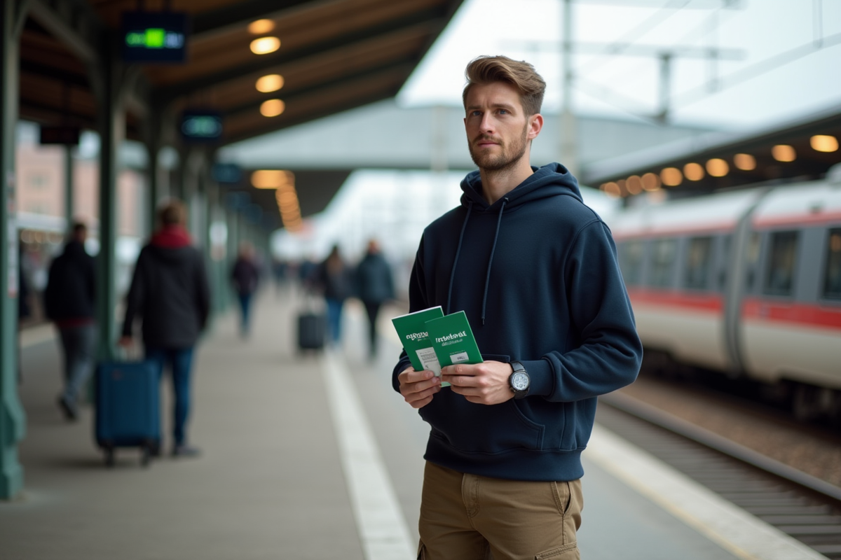 Jeune homme avec billet et ticket dans une gare animée