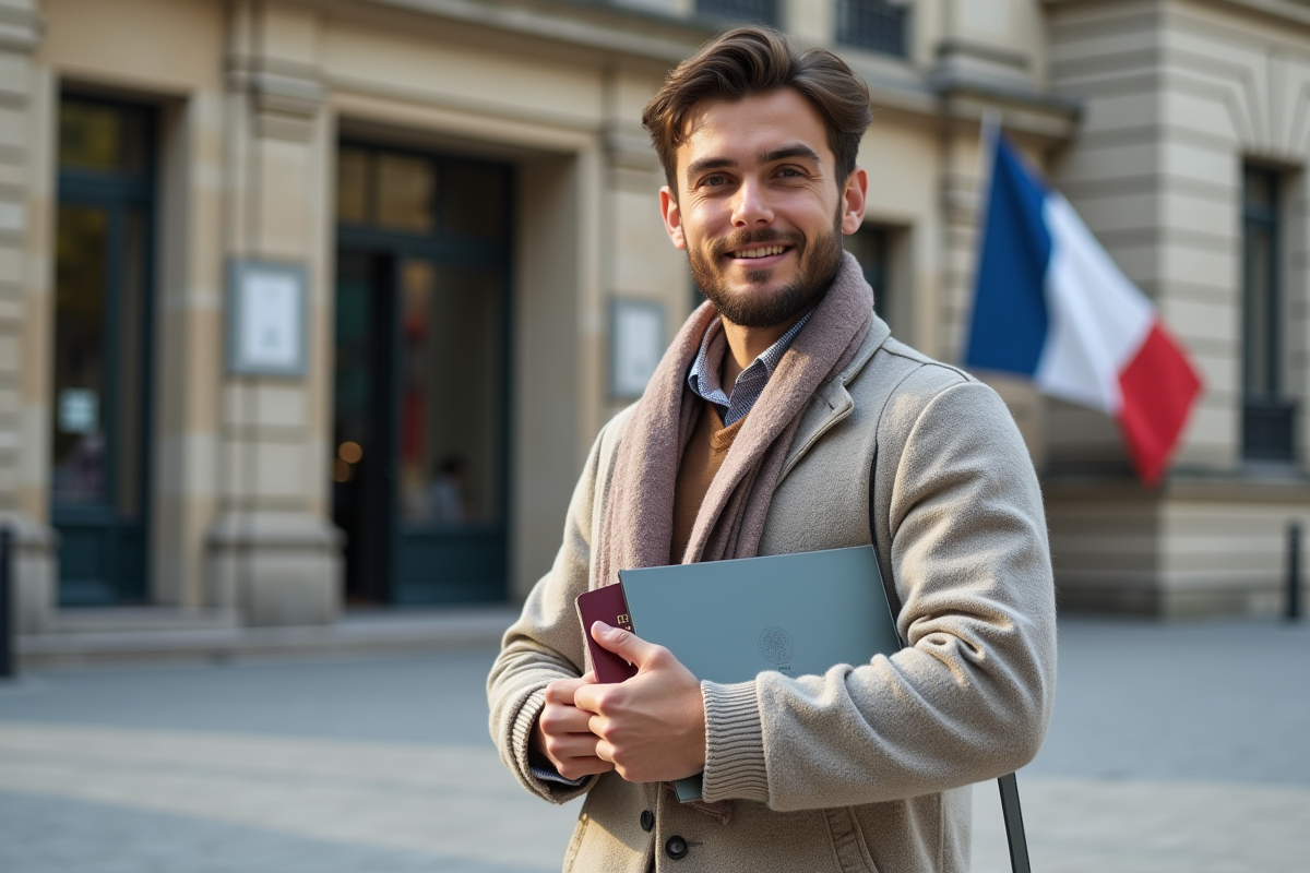 Jeune homme avec passeport devant prefecture française