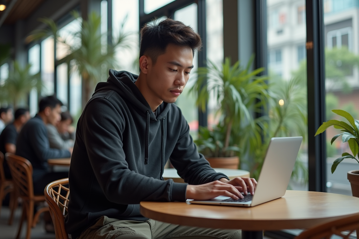 Jeune homme travaillant dans un café urbain animé