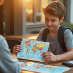 Jeune voyageur avec permis international et carte du monde