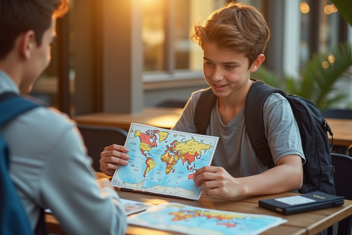 Jeune voyageur avec permis international et carte du monde