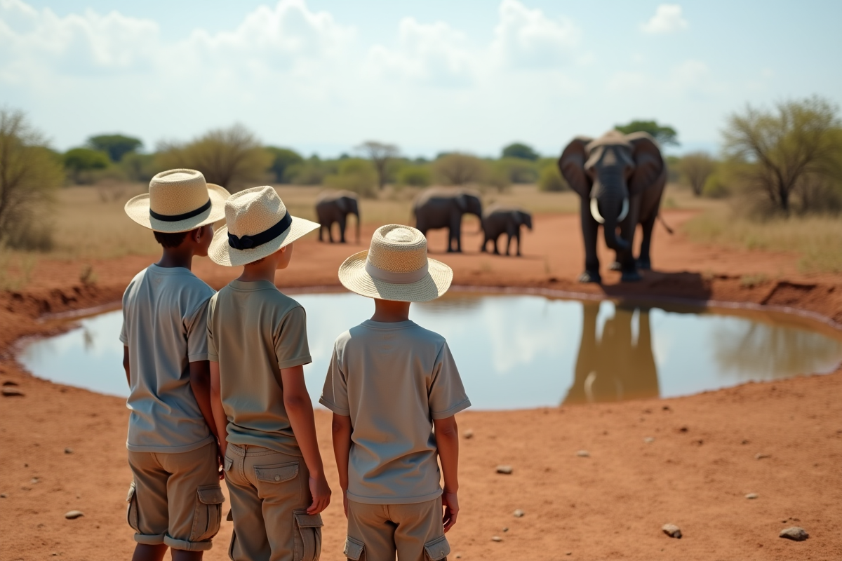 Jeunes observant des éléphants près d’un point d’eau
