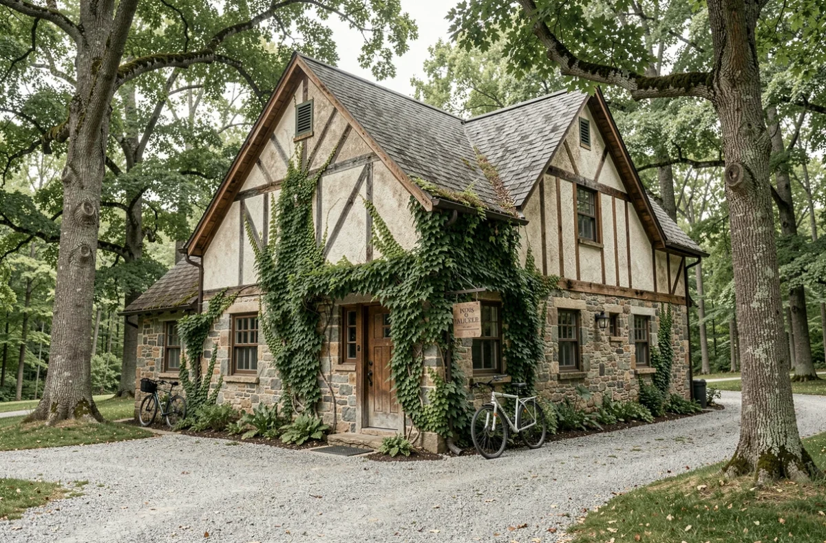 Petite auberge de campagne en pierre et bois en bordure de forêt évoquant La Forestière du Château