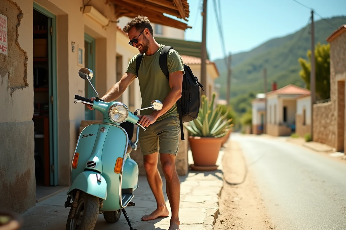 Homme préparant son scooter de location devant une boutique à petit prix à Zakynthos pour explorer l'île à moindre coût