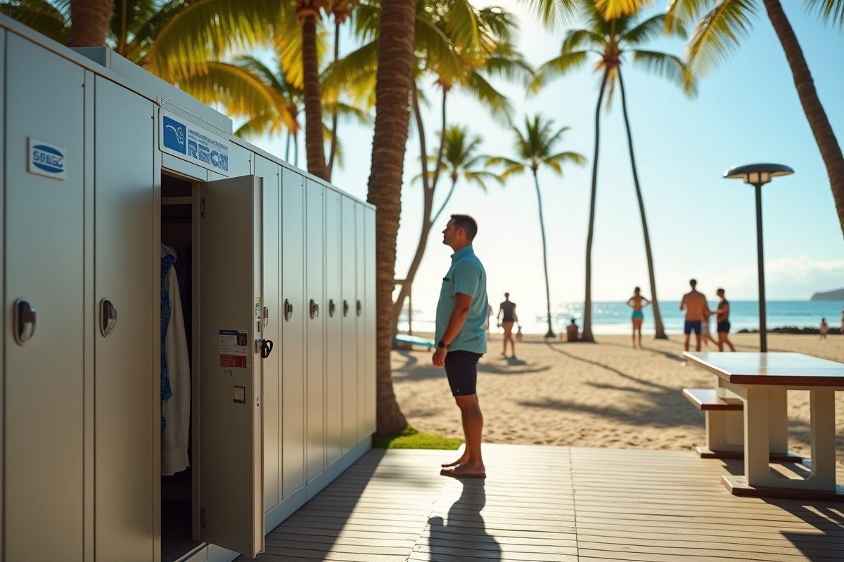 Personne verrouillant ses affaires dans un casier près des palmiers à Waikiki