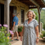 Hôtes accueillant un couple devant une maison de campagne