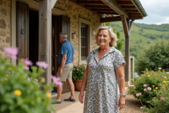 Hôtes accueillant un couple devant une maison de campagne