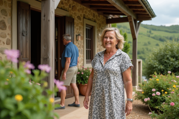 Hôtes accueillant un couple devant une maison de campagne