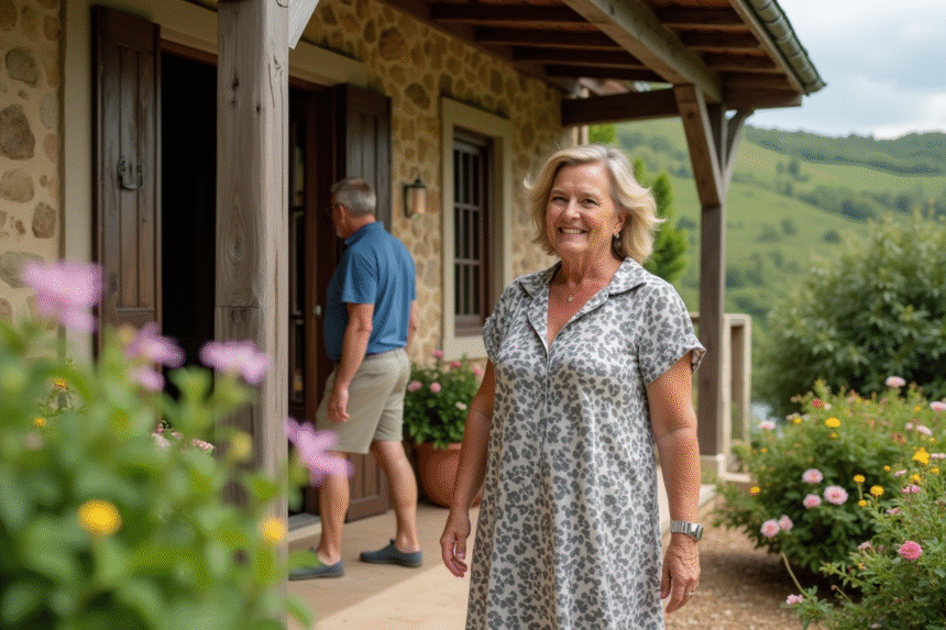 Hôtes accueillant un couple devant une maison de campagne