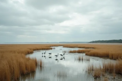Marais côtiers de Pennedepie avec hérons et aigrettes dans les eaux saumâtres, vue grand angle sur l'estuaire normand