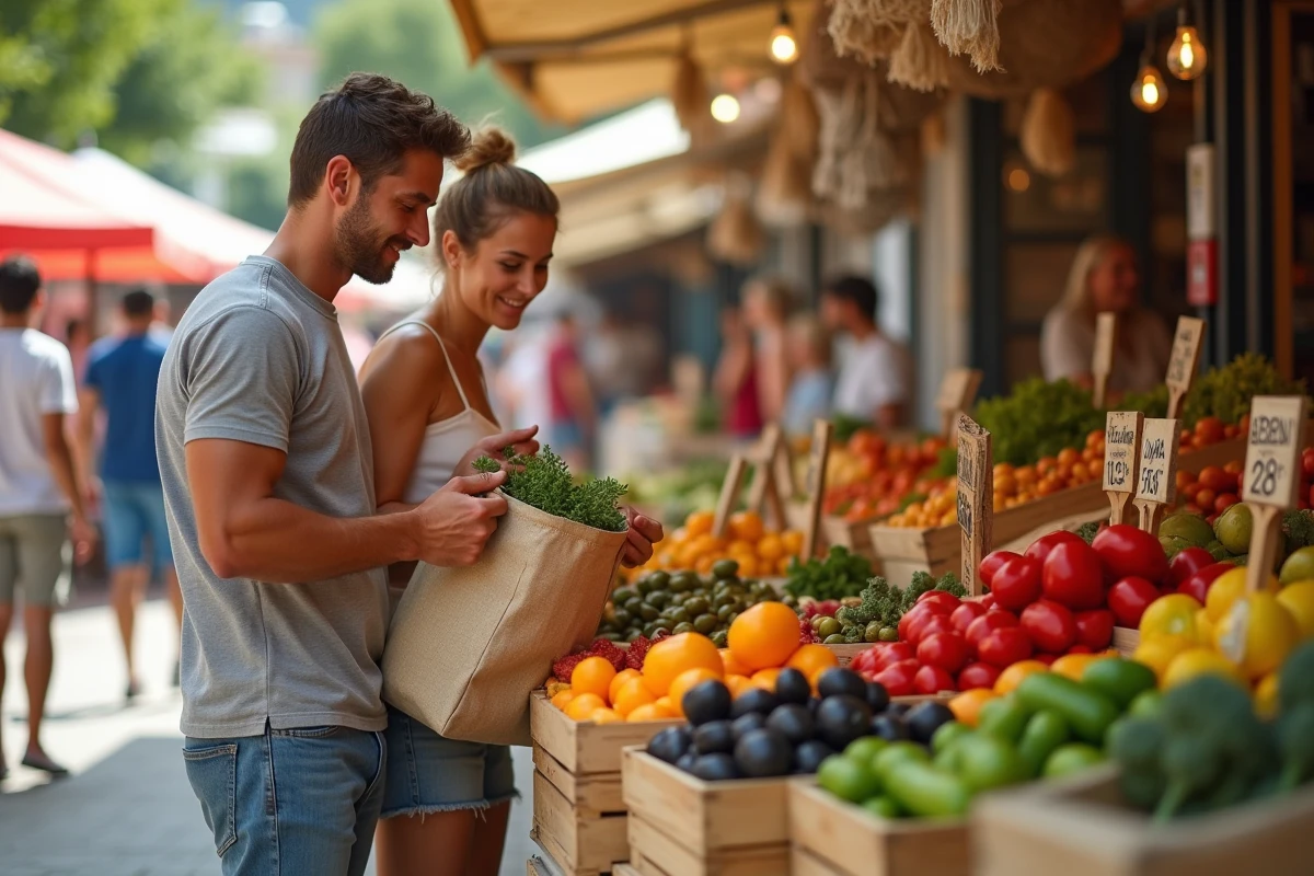 Couple faisant leurs courses au marché local de Zakynthos pour économiser sur la nourriture pendant leurs vacances à Zante