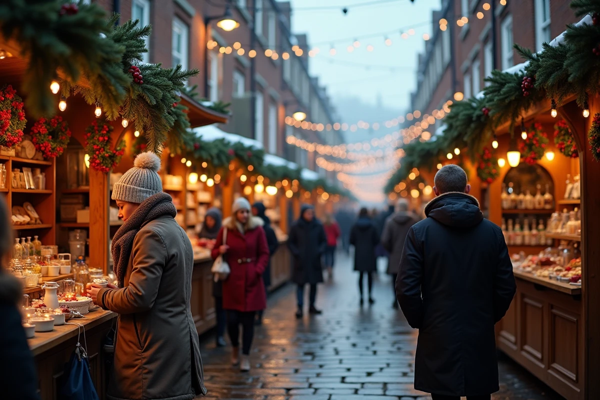 Marché de Noël animé dans une rue pavée de Dublin en décembre, stands en bois décorés de guirlandes lumineuses et visiteurs en manteaux d'hiver