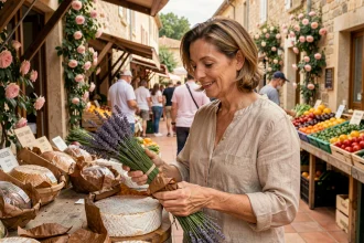 Femme choisissant du fromage de chèvre et de la lavande sur un marché provençal du Vaucluse lors d'un road trip gourmand
