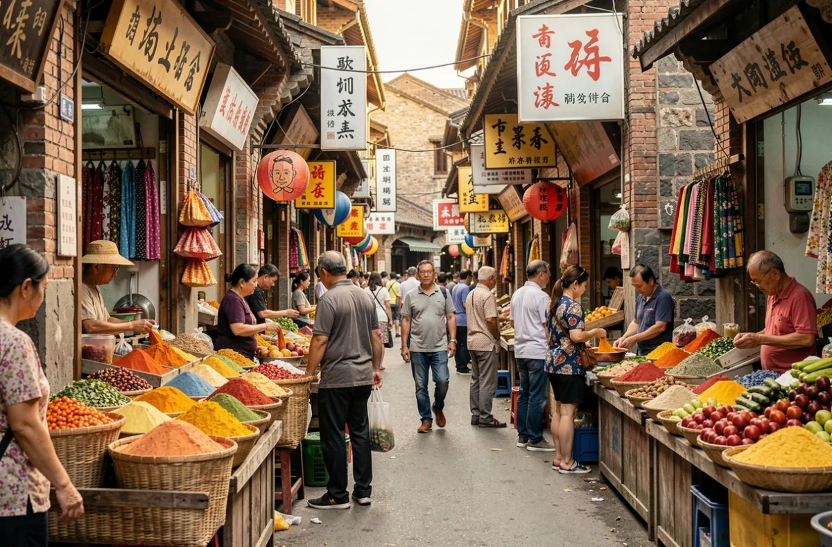 Marché traditionnel animé dans une rue asiatique avec étals de marchands et architecture mêlant ancien et moderne