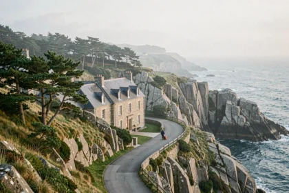 Vue panoramique de la côte du Finistère avec une façade d'hôtel en pierre bretonne dominant les falaises face à l'océan Atlantique