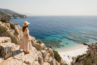 Voyageuse contemplant la mer turquoise de Sicile depuis une falaise calcaire ensoleillée