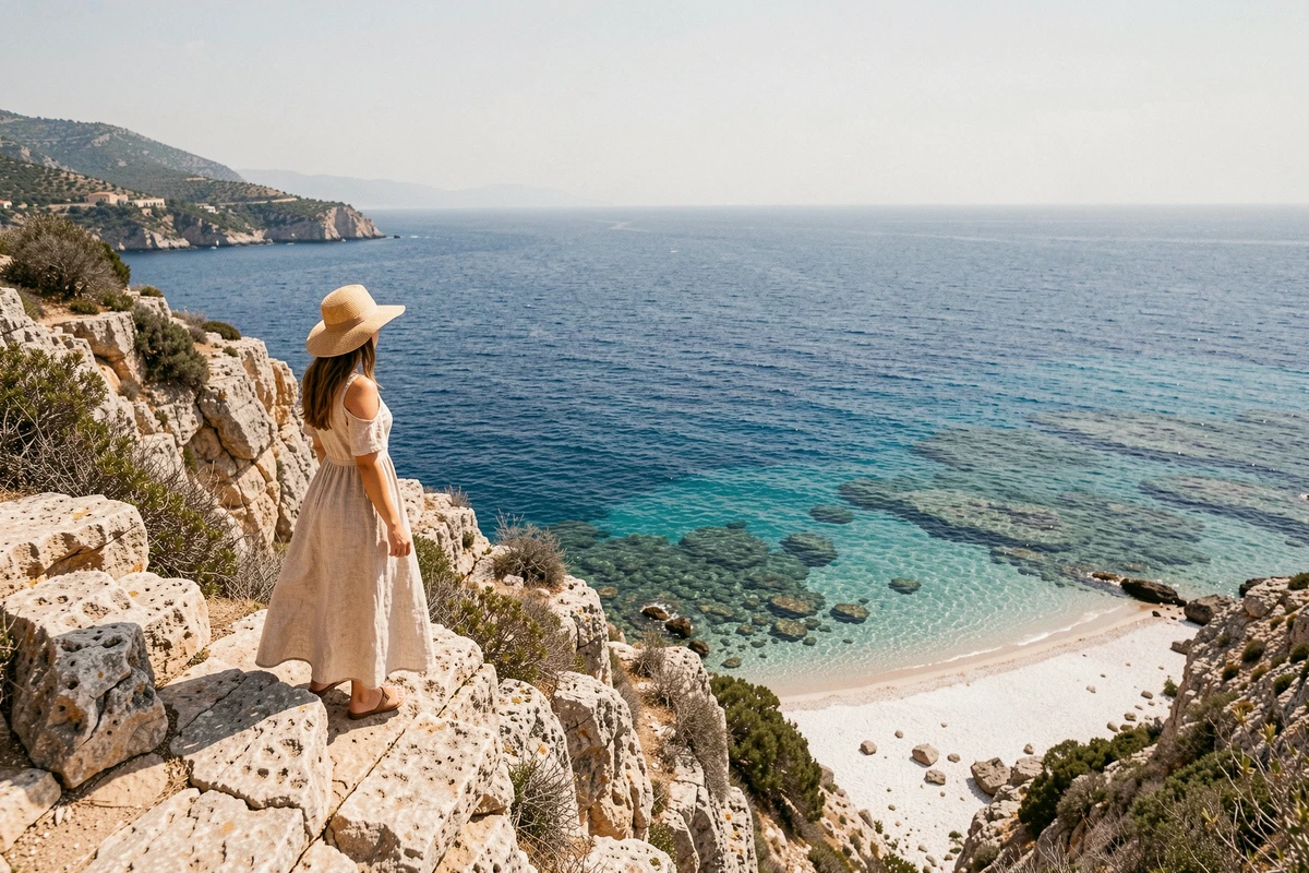 Voyageuse contemplant la mer turquoise de Sicile depuis une falaise calcaire ensoleillée