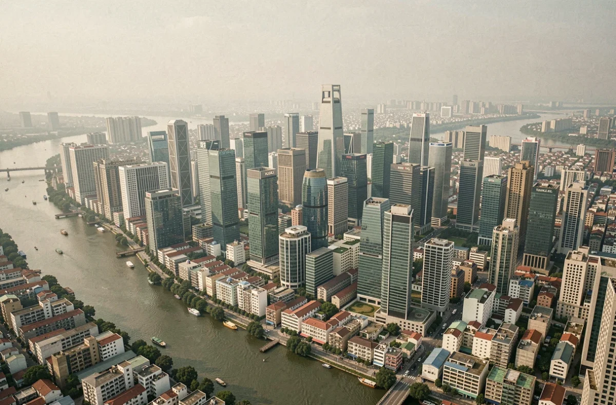 Vue aérienne d'une grande métropole asiatique moderne avec gratte-ciels et quartiers traditionnels au bord d'un fleuve