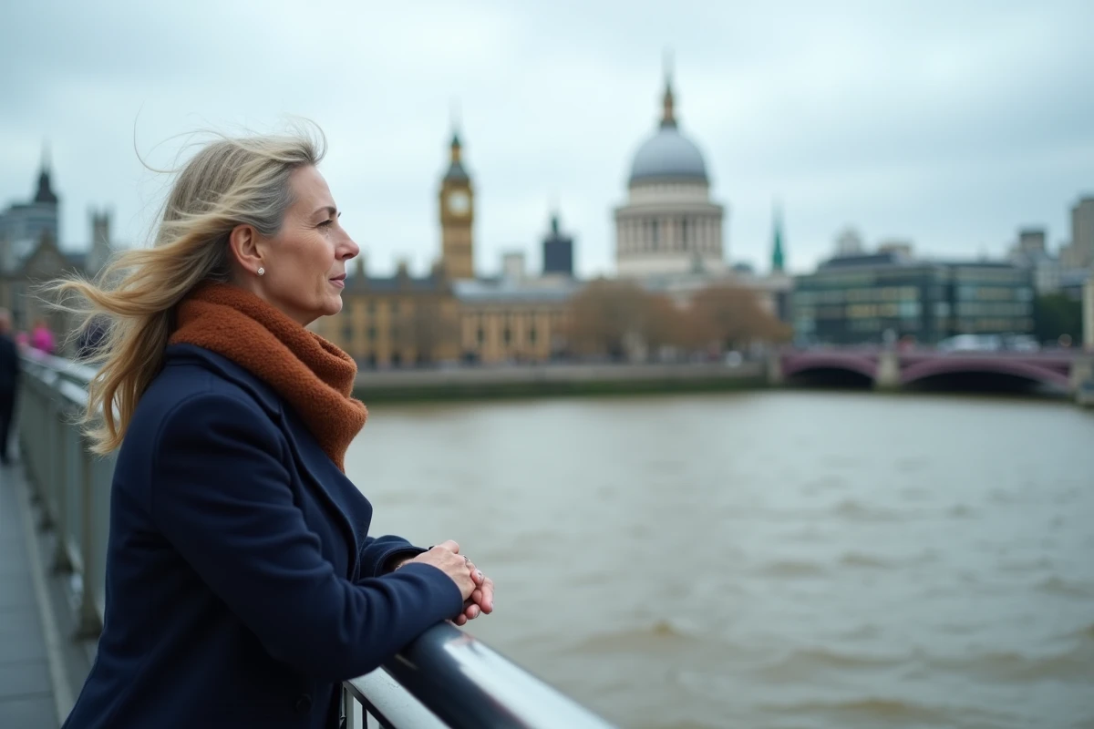 Femme contemplant la cathédrale Saint-Paul depuis le Millennium Bridge au-dessus de la Tamise à Londres