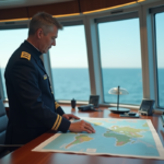 Officier maritime en uniforme sur le pont d'un cargo