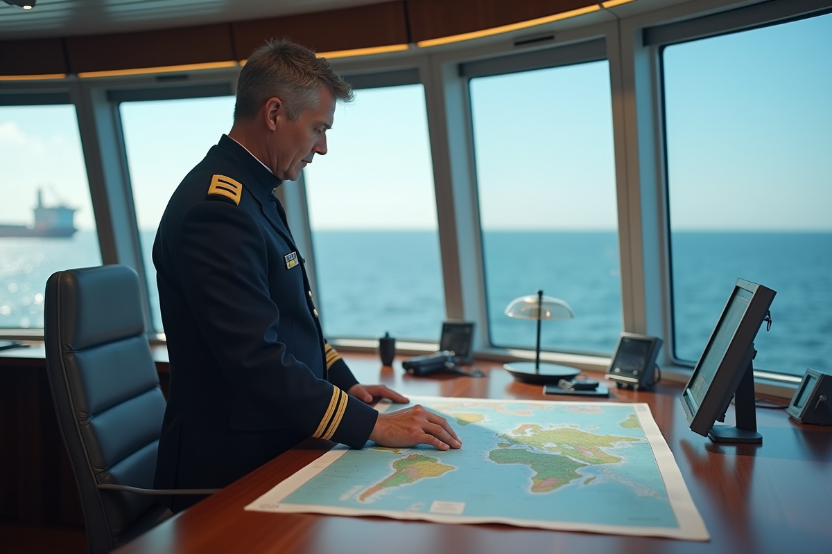 Officier maritime en uniforme sur le pont d'un cargo