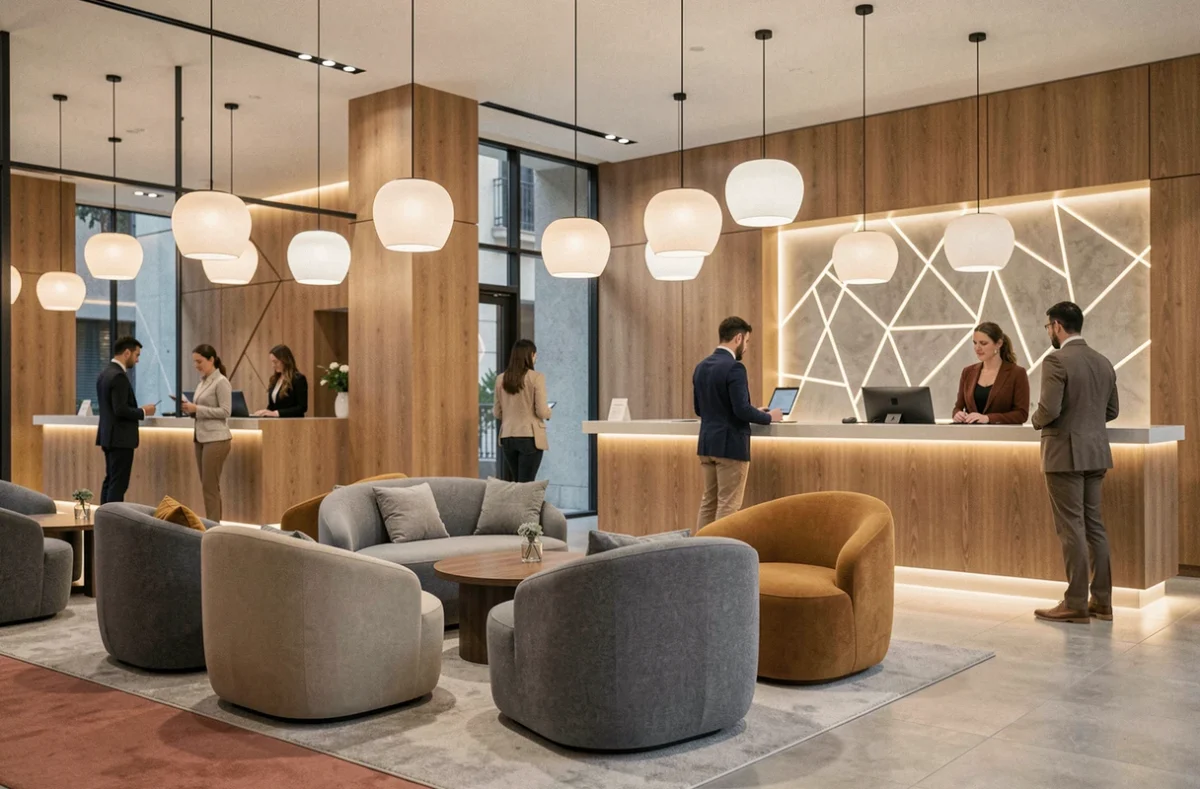 Lobby contemporain et design de l'OKKO Hotels Toulon Centre avec canapés arrondis et boiseries chaleureuses