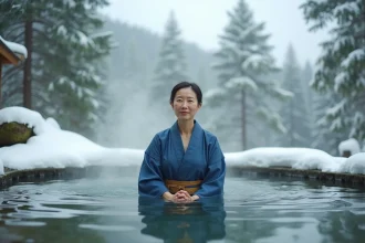 Femme japonaise en yukata traditionnel se prélassant dans un onsen en plein air entouré de neige à Nozawa Onsen en hiver