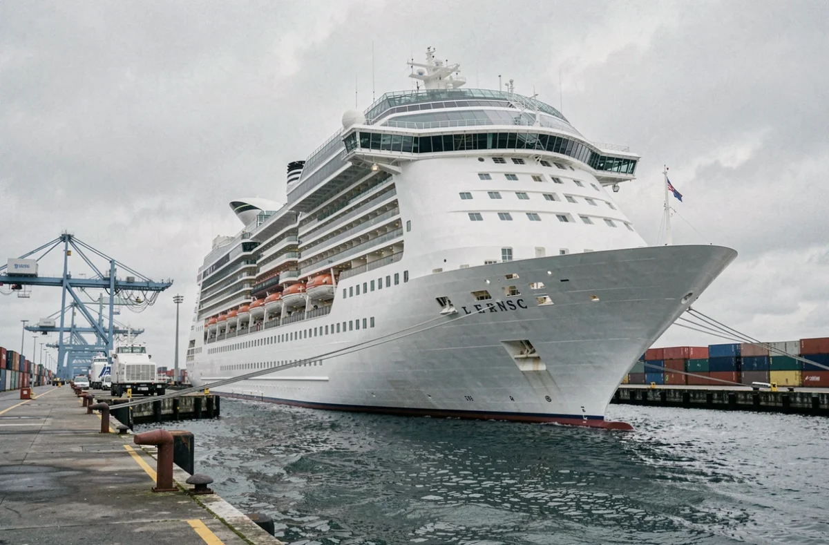 Paquebot MSC amarré au port du Havre avec les infrastructures portuaires en arrière-plan
