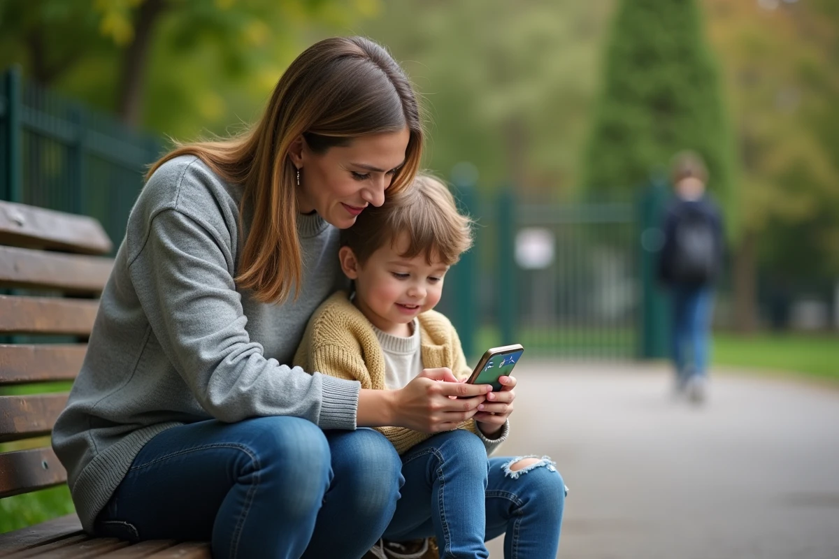 Parent et enfant consultant Google Maps pour planifier un itinéraire scolaire à pied sur un smartphone