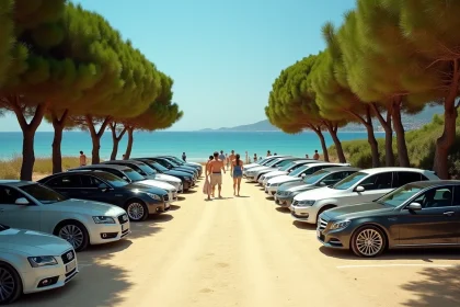 Parking en bord de mer près de la plage de Pise en été avec des voitures garées sous les pins méditerranéens