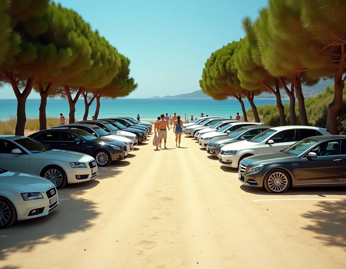 Parking en bord de mer près de la plage de Pise en été avec des voitures garées sous les pins méditerranéens