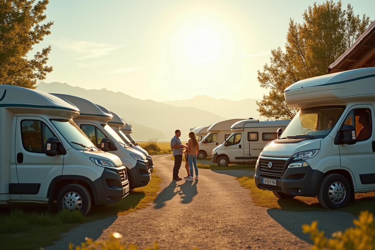 Vieux village avec camping-cars au matin en montagne